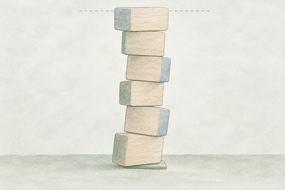 縦に積んだ六つの積み木。いちばん下は薄い板の上でわずかに傾き、上の積み木が左右に少しずつずれて、いちばん上は水平に保たれている。