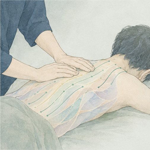 うつ伏せの方の背中に、施術者が両手を当てている。背中には経絡を思わせる線と、その下に重なる薄い膜の層が淡く描かれている。