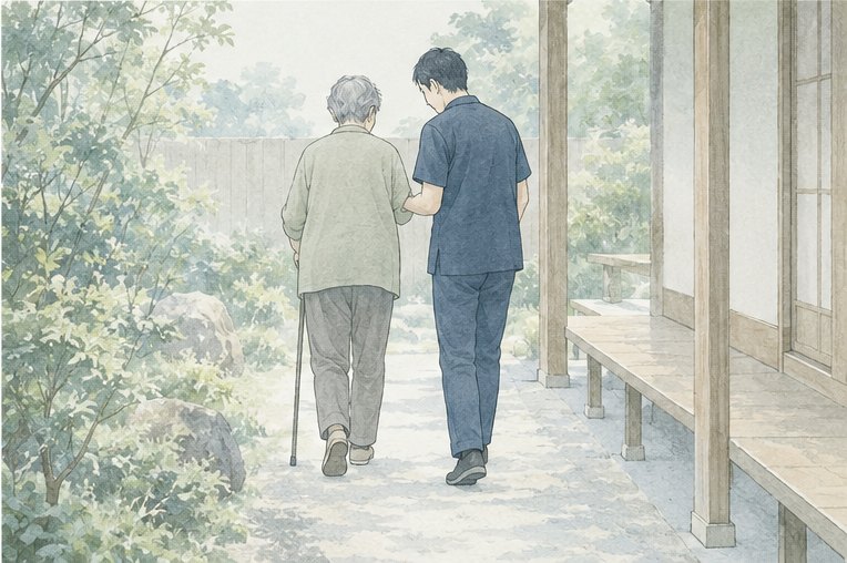 縁側のある庭の小道を、杖をついた年配の方が、施術者に腕を支えられながらゆっくり歩いている後ろ姿。